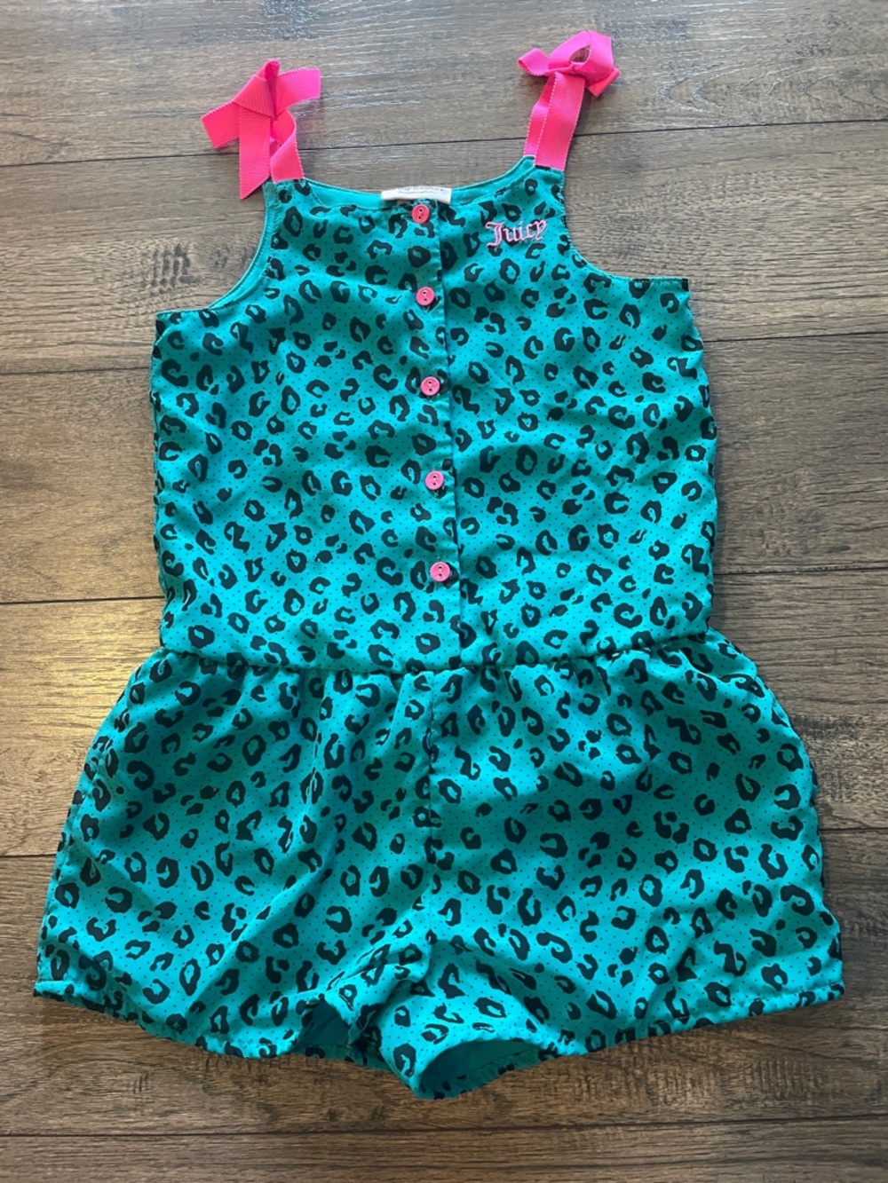 Juicy Couture Teal Leopard Print Romper with Pink Straps